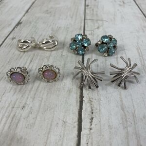 VTG Earrings 4 Pairs - Clip On & Screw back Silver Tone Blue Rhinestone Opal